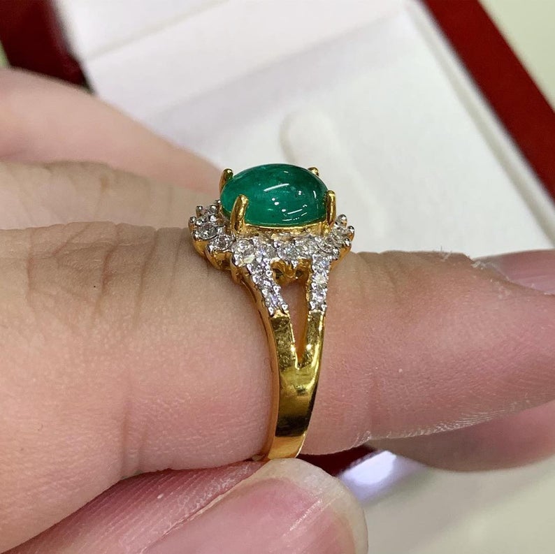 CABOCHON 2.95TCW Emerald VS Diamond 18k solid yellow gold ring engagement wedding Colombian zambian modern natural vintage estate gift green