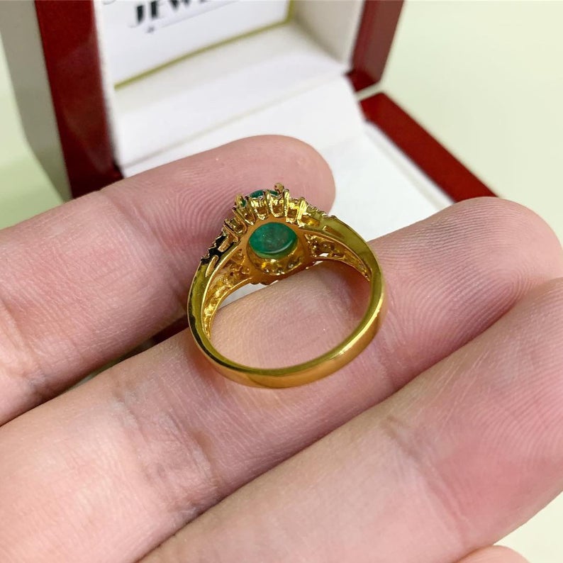 CABOCHON 2.95TCW Emerald VS Diamond 18k solid yellow gold ring engagement wedding Colombian zambian modern natural vintage estate gift green