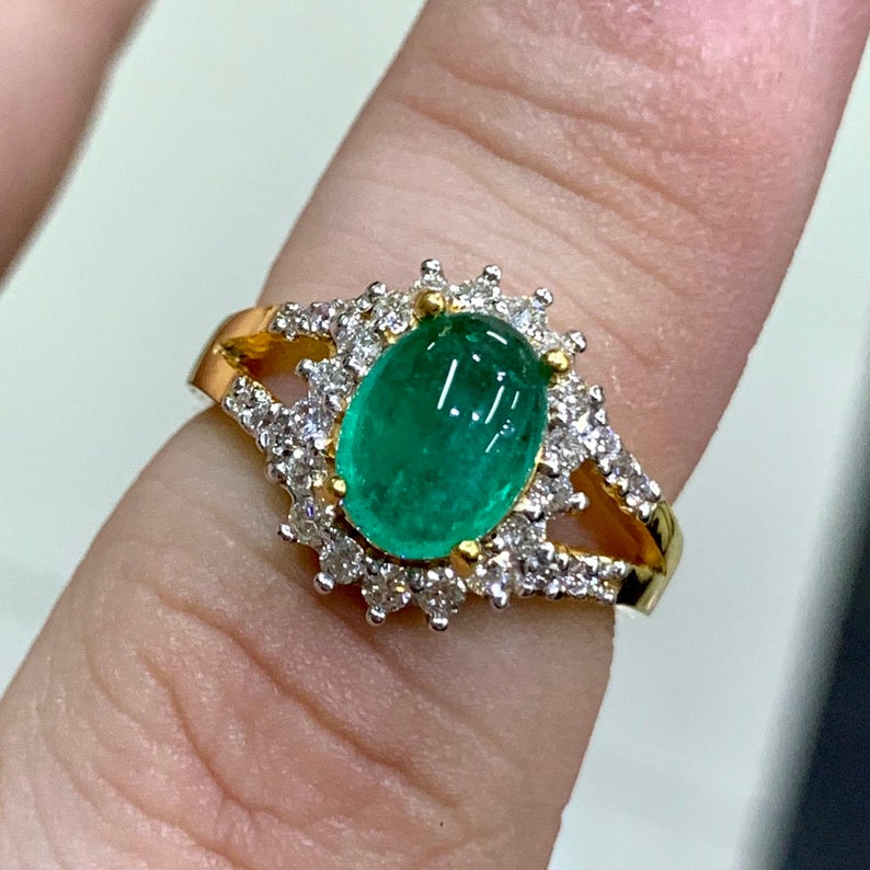 CABOCHON 2.95TCW Emerald VS Diamond 18k solid yellow gold ring engagement wedding Colombian zambian modern natural vintage estate gift green