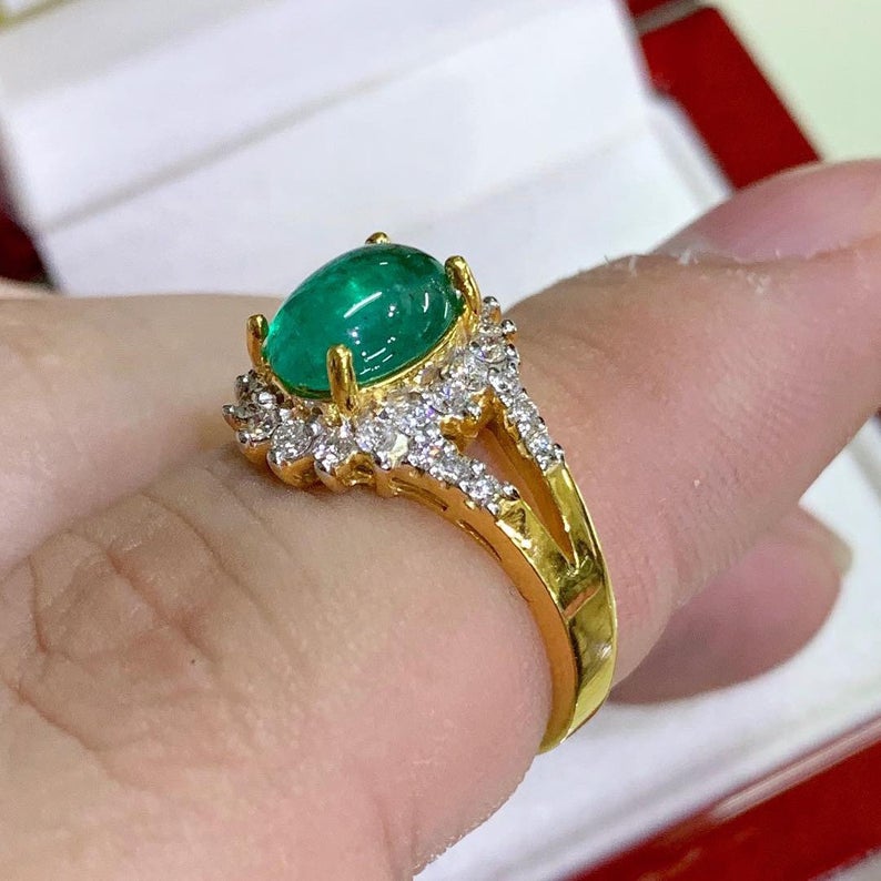 CABOCHON 2.95TCW Emerald VS Diamond 18k solid yellow gold ring engagement wedding Colombian zambian modern natural vintage estate gift green