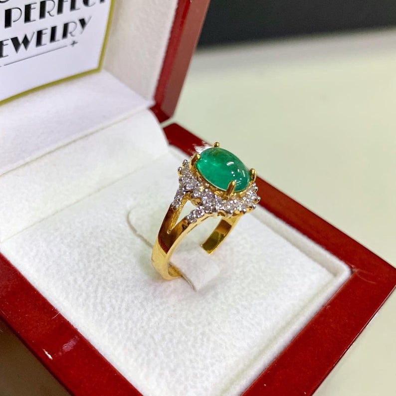 CABOCHON 2.95TCW Emerald VS Diamond 18k solid yellow gold ring engagement wedding Colombian zambian modern natural vintage estate gift green