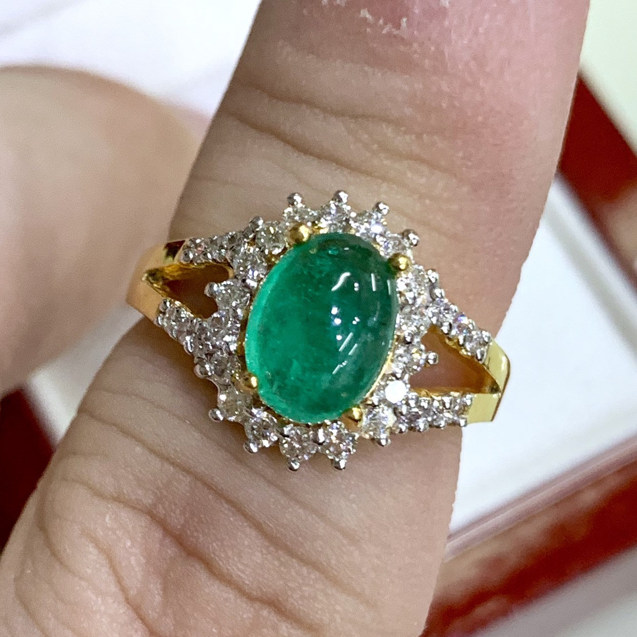 CABOCHON 2.95TCW Emerald VS Diamond 18k solid yellow gold ring engagement wedding Colombian zambian modern natural vintage estate gift green