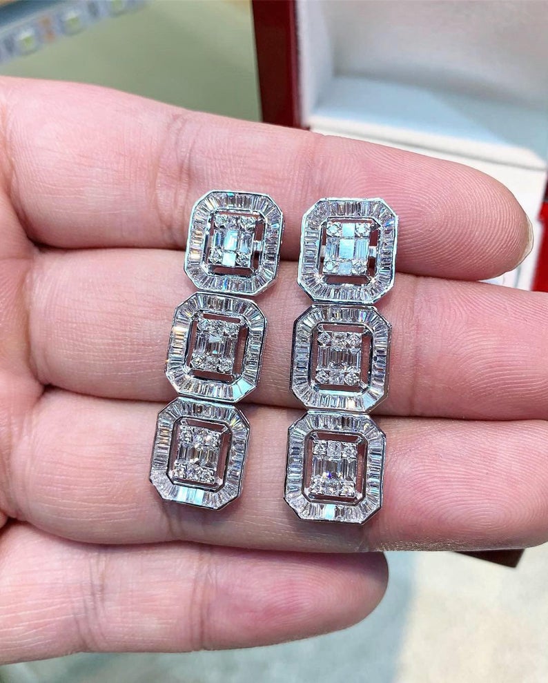 5.31TCW Emerald Cut Diamond Illusion Natural 18K solid white gold handmade earrings dangling wedding gift retacgular invisible chandelier