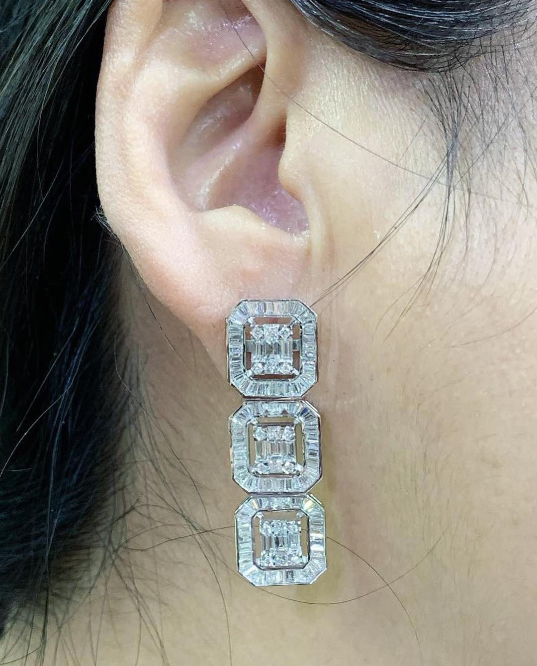 5.31TCW Emerald Cut Diamond Illusion Natural 18K solid white gold handmade earrings dangling wedding gift retacgular invisible chandelier