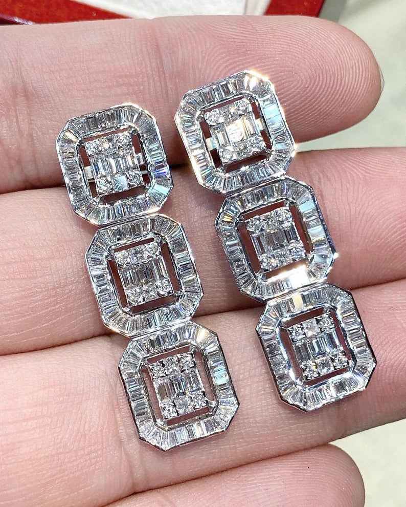 5.31TCW Emerald Cut Diamond Illusion Natural 18K solid white gold handmade earrings dangling wedding gift retacgular invisible chandelier