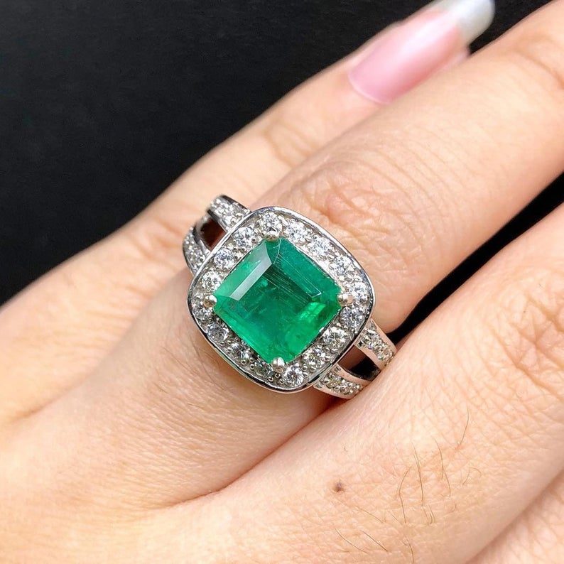 STUNNING! 3.29TCW Emerald VS Diamond 18k solid white gold ring engagement wedding colombian zambian Double halo modern natural art deco big