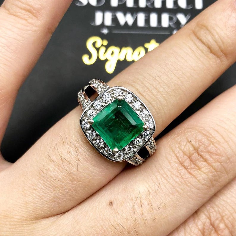 STUNNING! 3.29TCW Emerald VS Diamond 18k solid white gold ring engagement wedding colombian zambian Double halo modern natural art deco big