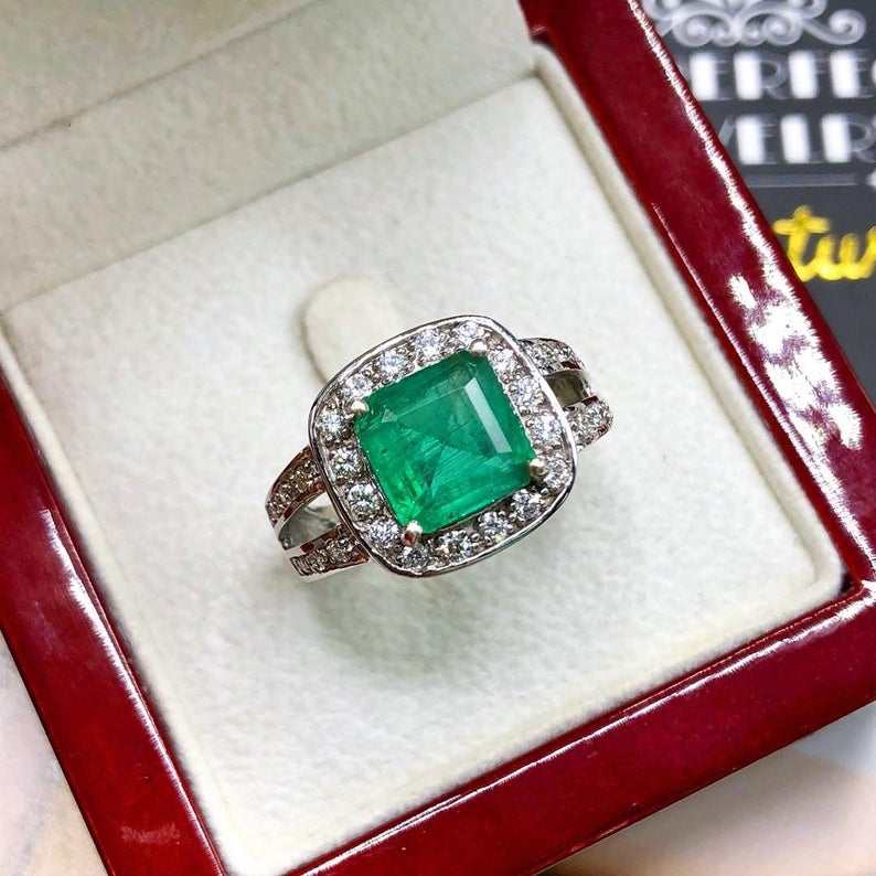 STUNNING! 3.29TCW Emerald VS Diamond 18k solid white gold ring engagement wedding colombian zambian Double halo modern natural art deco big