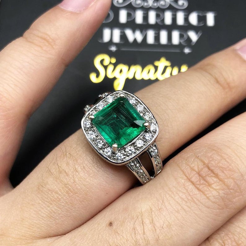 STUNNING! 3.29TCW Emerald VS Diamond 18k solid white gold ring engagement wedding colombian zambian Double halo modern natural art deco big