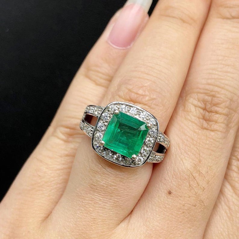 STUNNING! 3.29TCW Emerald VS Diamond 18k solid white gold ring engagement wedding colombian zambian Double halo modern natural art deco big