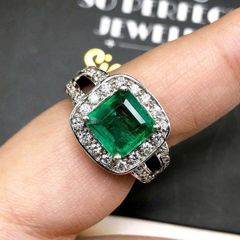 STUNNING! 3.29TCW Emerald VS Diamond 18k solid white gold ring engagement wedding colombian zambian Double halo modern natural art deco big