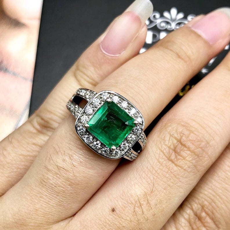 STUNNING! 3.29TCW Emerald VS Diamond 18k solid white gold ring engagement wedding colombian zambian Double halo modern natural art deco big