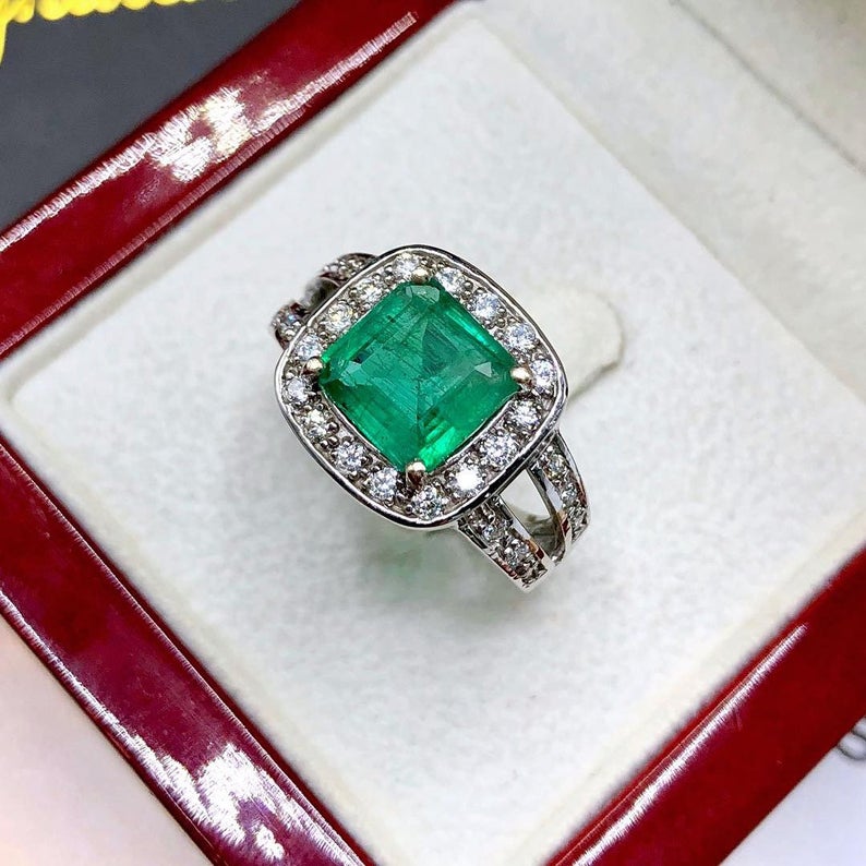 STUNNING! 3.29TCW Emerald VS Diamond 18k solid white gold ring engagement wedding colombian zambian Double halo modern natural art deco big