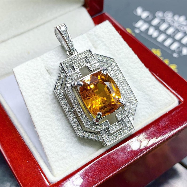 HUGE 8.35TCW Yellow Sapphire Diamond 18K solid white gold pendant necklace unisex natural authentic Ceylon mens Thai double halo Art Deco