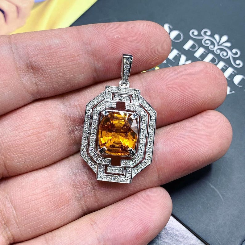 HUGE 8.35TCW Yellow Sapphire Diamond 18K solid white gold pendant necklace unisex natural authentic Ceylon mens Thai double halo Art Deco