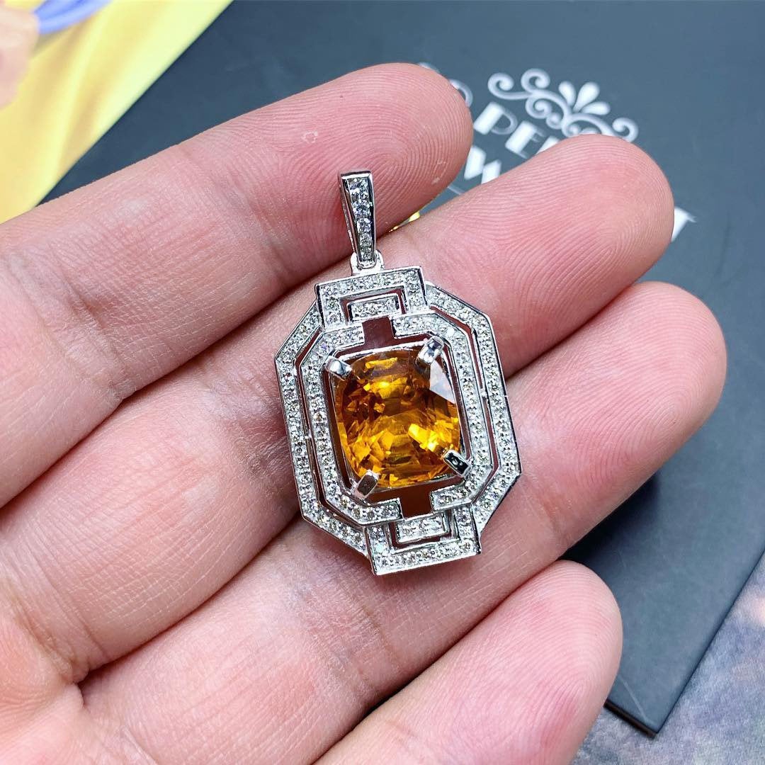 HUGE 8.35TCW Yellow Sapphire Diamond 18K solid white gold pendant necklace unisex natural authentic Ceylon mens Thai double halo Art Deco