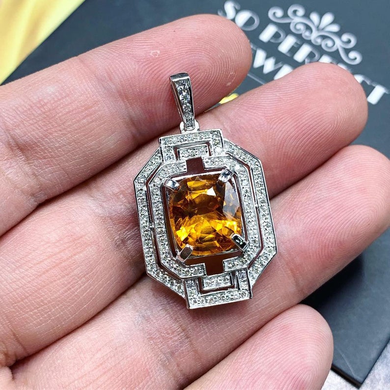 HUGE 8.35TCW Yellow Sapphire Diamond 18K solid white gold pendant necklace unisex natural authentic Ceylon mens Thai double halo Art Deco