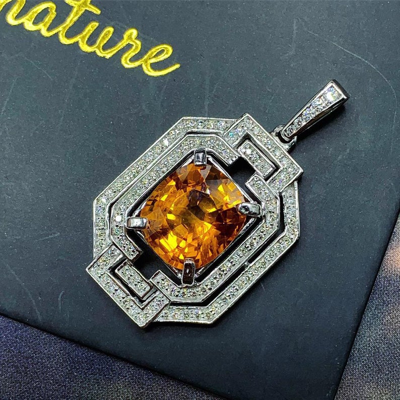 HUGE 8.35TCW Yellow Sapphire Diamond 18K solid white gold pendant necklace unisex natural authentic Ceylon mens Thai double halo Art Deco