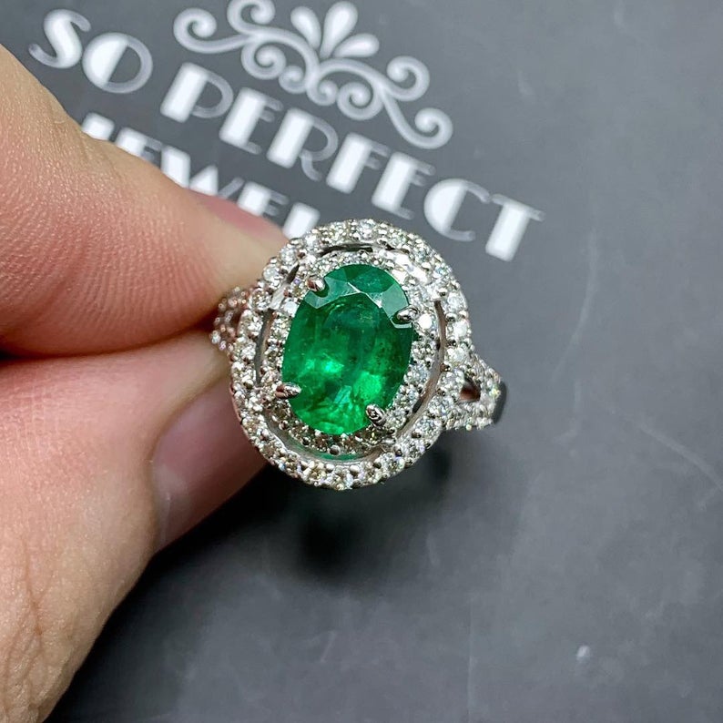 TOP GREEN 3.30TCW Emerald VS Diamond 18k solid white gold ring engagement wedding colombia zambian Double halo modern natural oval vivid