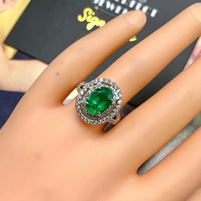 TOP GREEN 3.30TCW Emerald VS Diamond 18k solid white gold ring engagement wedding colombia zambian Double halo modern natural oval vivid