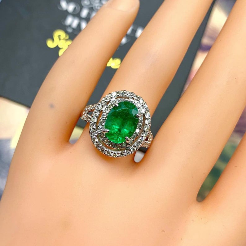 TOP GREEN 3.30TCW Emerald VS Diamond 18k solid white gold ring engagement wedding colombia zambian Double halo modern natural oval vivid