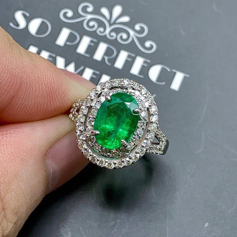 TOP GREEN 3.30TCW Emerald VS Diamond 18k solid white gold ring engagement wedding colombia zambian Double halo modern natural oval vivid