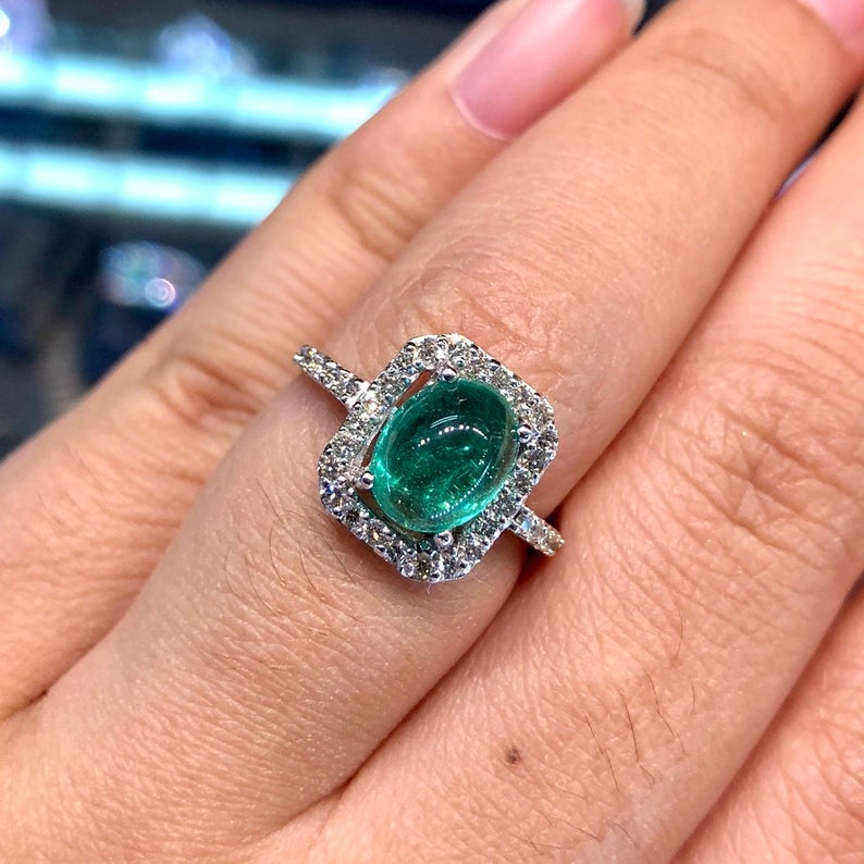 CABOCHON! 2.32TCE Emerald VS Diamond 18k solid white gold ring engagement wedding Colombian zambian modern natural vintage estate gift green