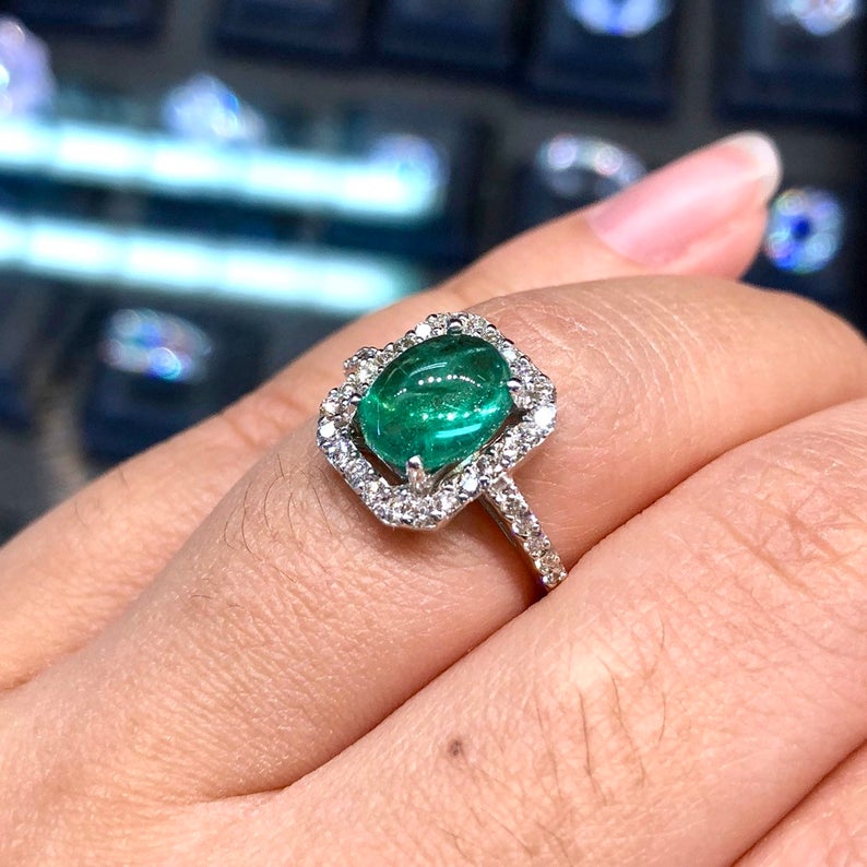 CABOCHON! 2.32TCE Emerald VS Diamond 18k solid white gold ring engagement wedding Colombian zambian modern natural vintage estate gift green