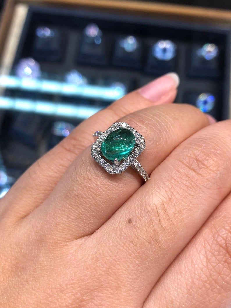 CABOCHON! 2.32TCE Emerald VS Diamond 18k solid white gold ring engagement wedding Colombian zambian modern natural vintage estate gift green