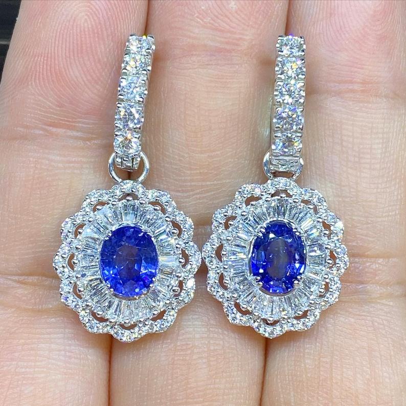 2-IN-1! 6.80TCW CEYLON Blue Sapphire VS diamonds in 18K solid white gold handmade earrings natural dangle chandelier wedding ballerina