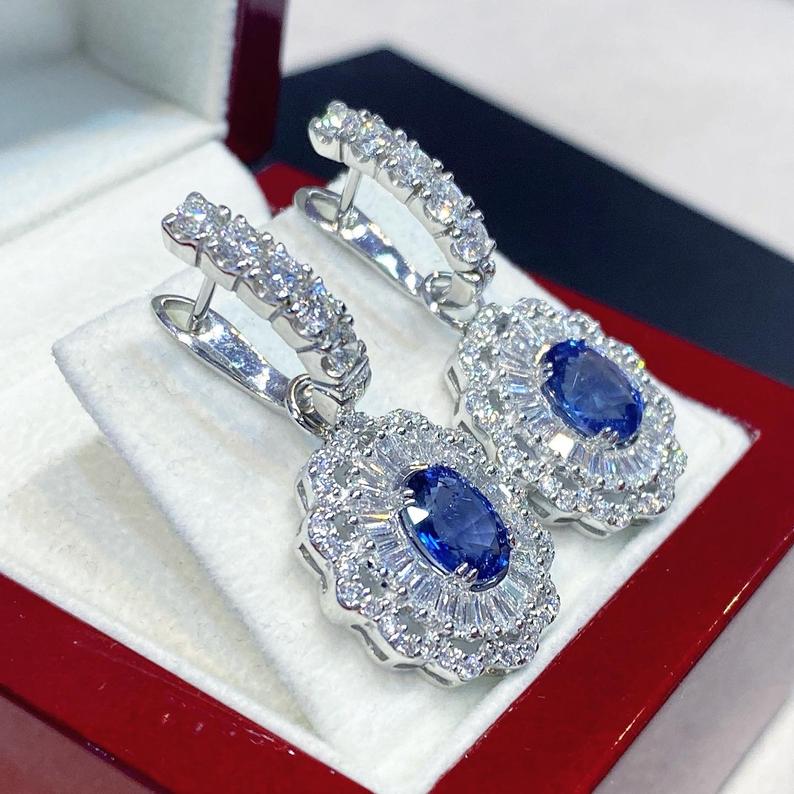 2-IN-1! 6.80TCW CEYLON Blue Sapphire VS diamonds in 18K solid white gold handmade earrings natural dangle chandelier wedding ballerina