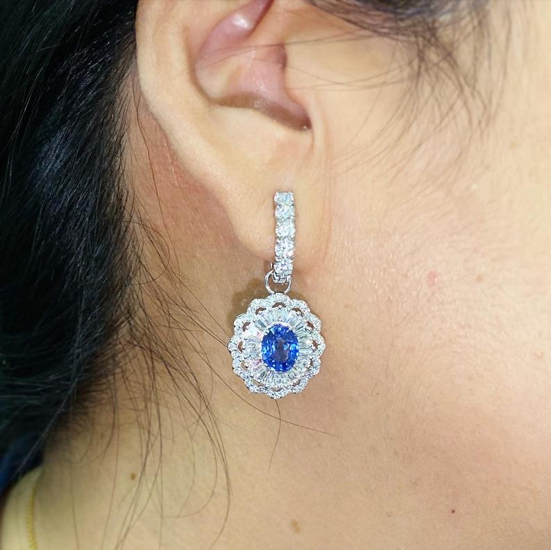 2-IN-1! 6.80TCW CEYLON Blue Sapphire VS diamonds in 18K solid white gold handmade earrings natural dangle chandelier wedding ballerina