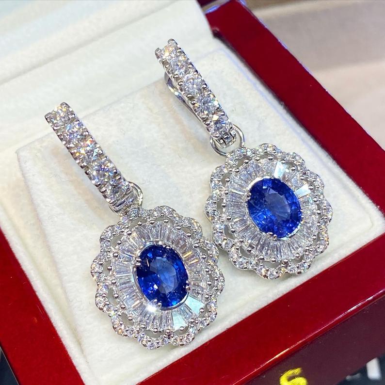 2-IN-1! 6.80TCW CEYLON Blue Sapphire VS diamonds in 18K solid white gold handmade earrings natural dangle chandelier wedding ballerina