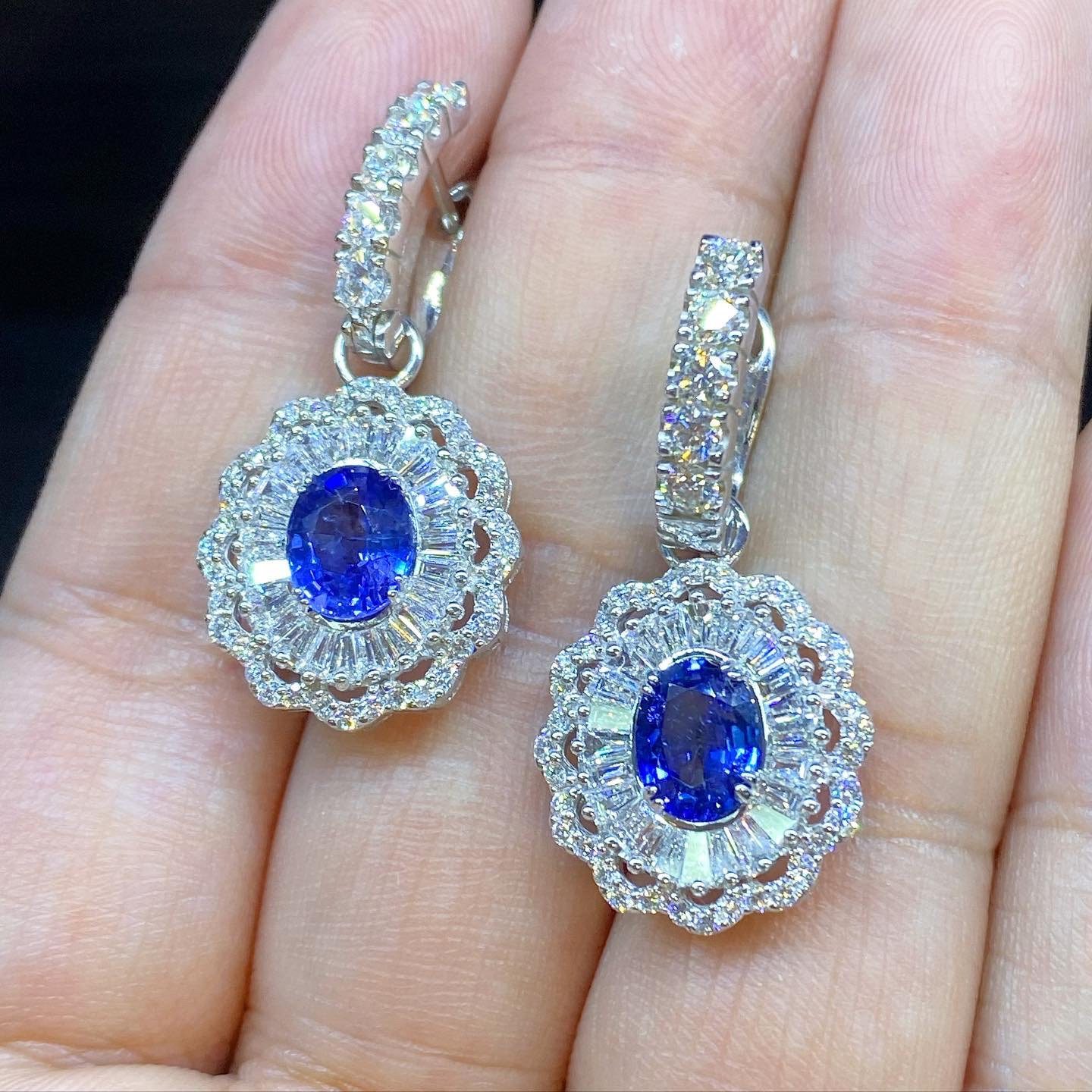 2-IN-1! 6.80TCW CEYLON Blue Sapphire VS diamonds in 18K solid white gold handmade earrings natural dangle chandelier wedding ballerina