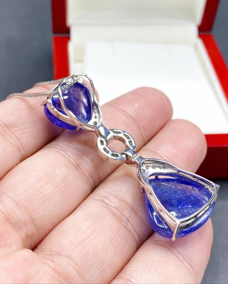 HUGE 39.01TCW TANZANITE Cabochon Natural VS Diamond 18K solid white gold pendant necklace Art Deco brooch luxury vintage blue sapphire big