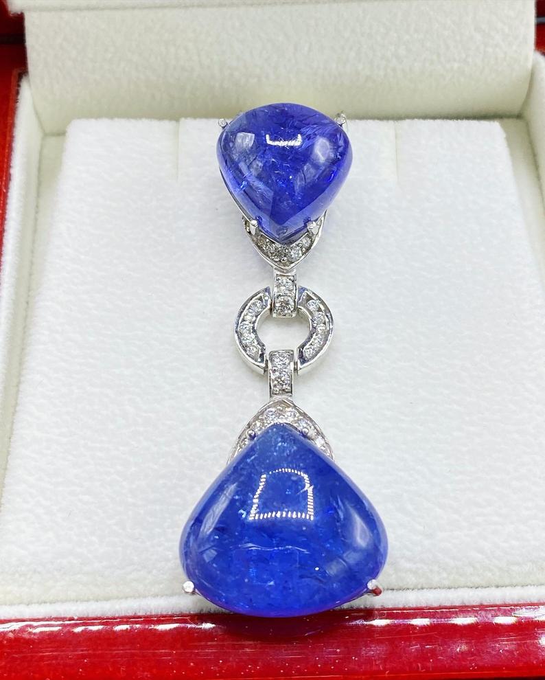 HUGE 39.01TCW TANZANITE Cabochon Natural VS Diamond 18K solid white gold pendant necklace Art Deco brooch luxury vintage blue sapphire big