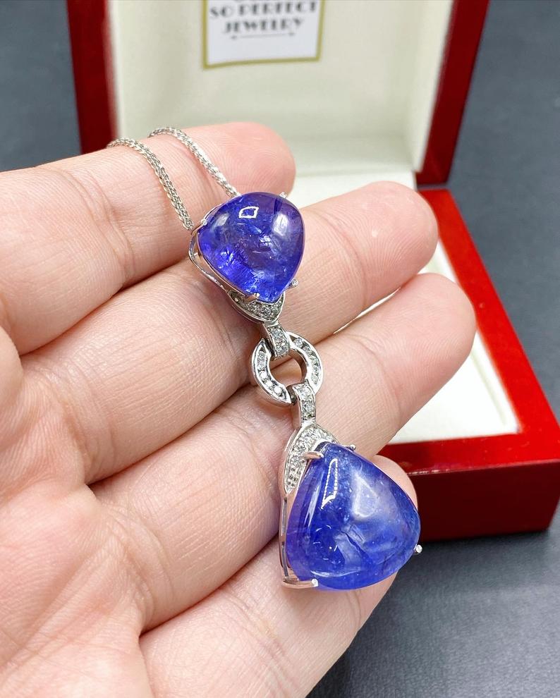 HUGE 39.01TCW TANZANITE Cabochon Natural VS Diamond 18K solid white gold pendant necklace Art Deco brooch luxury vintage blue sapphire big