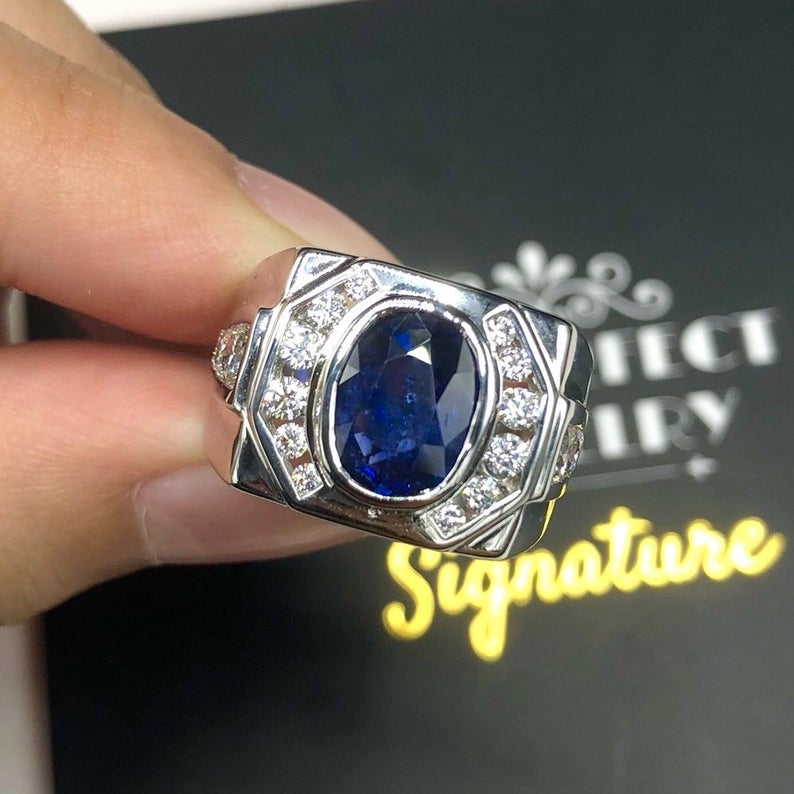 MENS! 3.36TCW CEYLON Blue sapphire & Diamonds 18k Solid White Gold handcrafted handmade cornflower certified ring dress gentleman natural