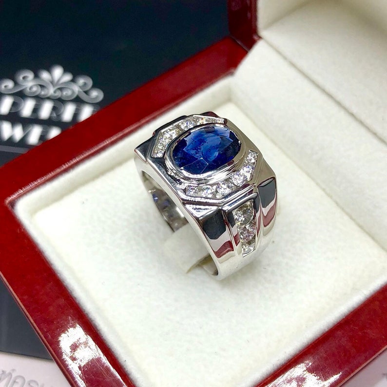 MENS! 3.36TCW CEYLON Blue sapphire & Diamonds 18k Solid White Gold handcrafted handmade cornflower certified ring dress gentleman natural