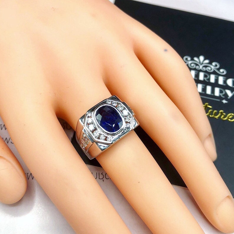 MENS! 3.36TCW CEYLON Blue sapphire & Diamonds 18k Solid White Gold handcrafted handmade cornflower certified ring dress gentleman natural