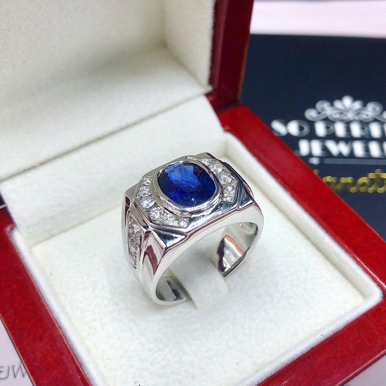 MENS! 3.36TCW CEYLON Blue sapphire & Diamonds 18k Solid White Gold handcrafted handmade cornflower certified ring dress gentleman natural