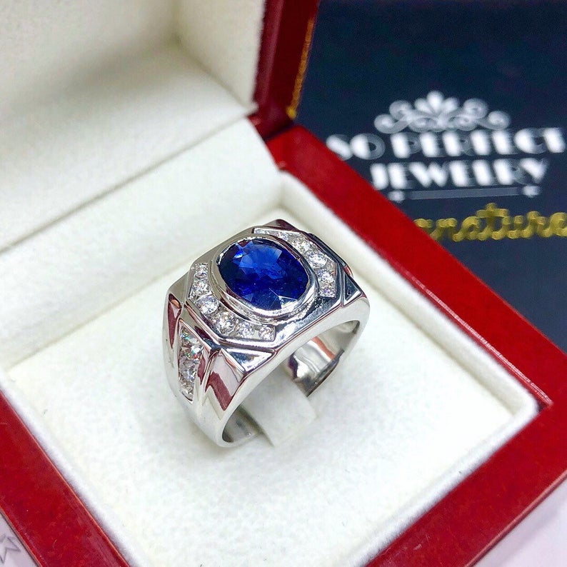 MENS! 3.36TCW CEYLON Blue sapphire & Diamonds 18k Solid White Gold handcrafted handmade cornflower certified ring dress gentleman natural