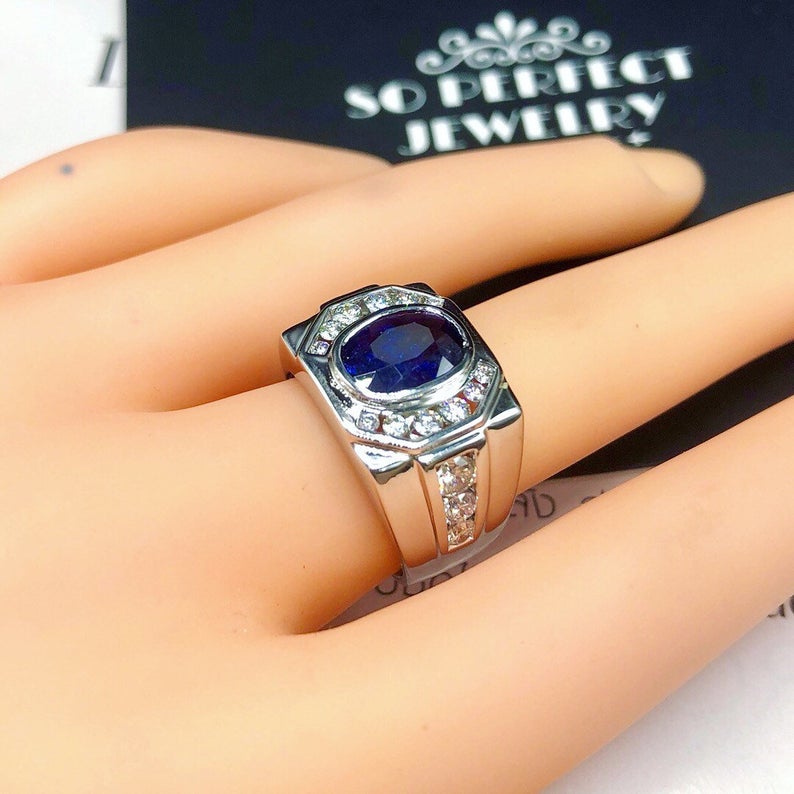 MENS! 3.36TCW CEYLON Blue sapphire & Diamonds 18k Solid White Gold handcrafted handmade cornflower certified ring dress gentleman natural