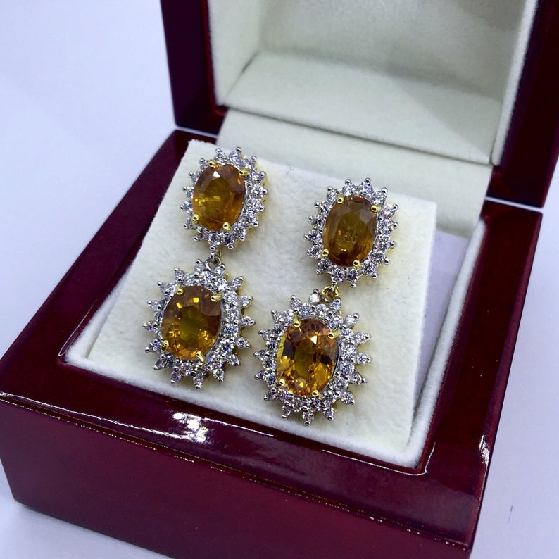 Natural 11.40TCW Yellow Sapphire& VVS Diamonds in 18K solid handmade yellow gold earrings dangle drop orange thai ceylon