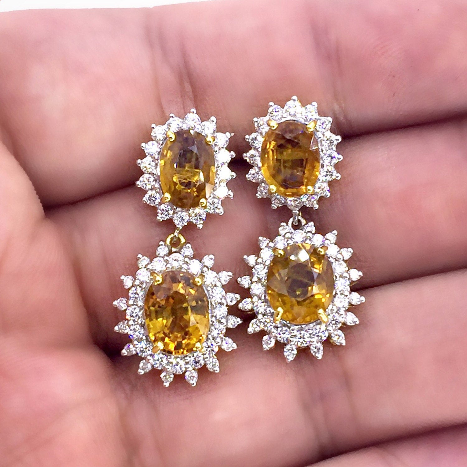 Natural 11.40TCW Yellow Sapphire& VVS Diamonds in 18K solid handmade yellow gold earrings dangle drop orange thai ceylon