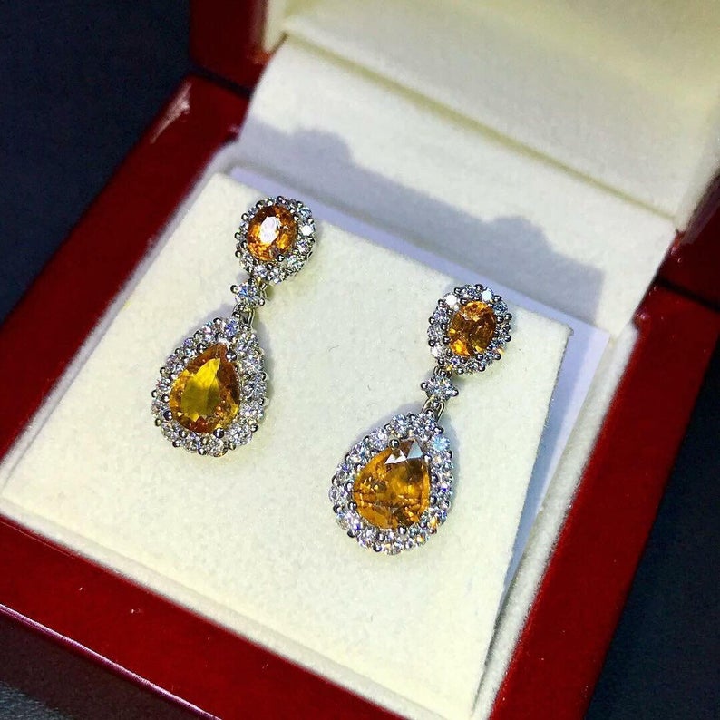 Dazzling! 4.22TCW Yellow Sapphire & Diamonds in 18K yellow solid gold earrings dangling drop thai ceylon chandelier natural gift christmas