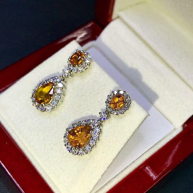 Dazzling! 4.22TCW Yellow Sapphire & Diamonds in 18K yellow solid gold earrings dangling drop thai ceylon chandelier natural gift christmas