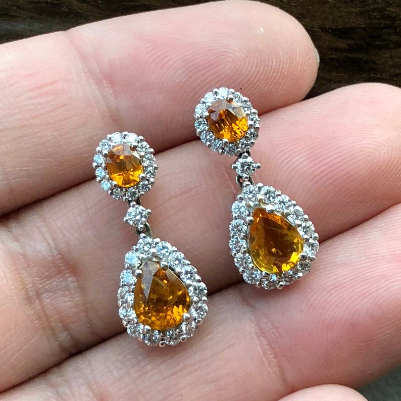 Dazzling! 4.22TCW Yellow Sapphire & Diamonds in 18K yellow solid gold earrings dangling drop thai ceylon chandelier natural gift christmas