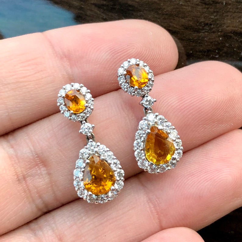 Dazzling! 4.22TCW Yellow Sapphire & Diamonds in 18K yellow solid gold earrings dangling drop thai ceylon chandelier natural gift christmas