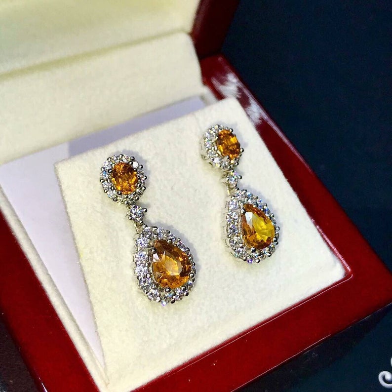 Dazzling! 4.22TCW Yellow Sapphire & Diamonds in 18K yellow solid gold earrings dangling drop thai ceylon chandelier natural gift christmas